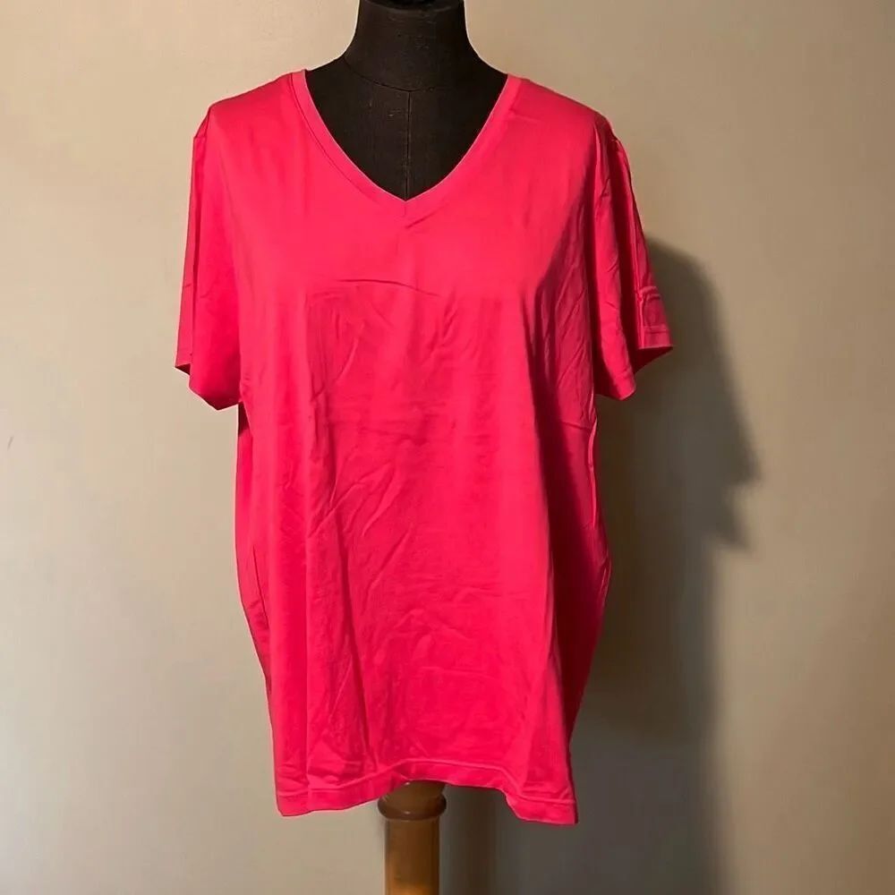 Lands' End Women's Pink Cotton Casual Short Sleeve Pullover V-Neck T-Shirt XL